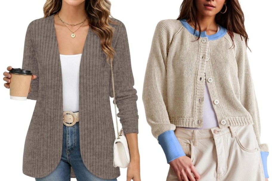 woman in open front cardigan and woman in cropped cardigan