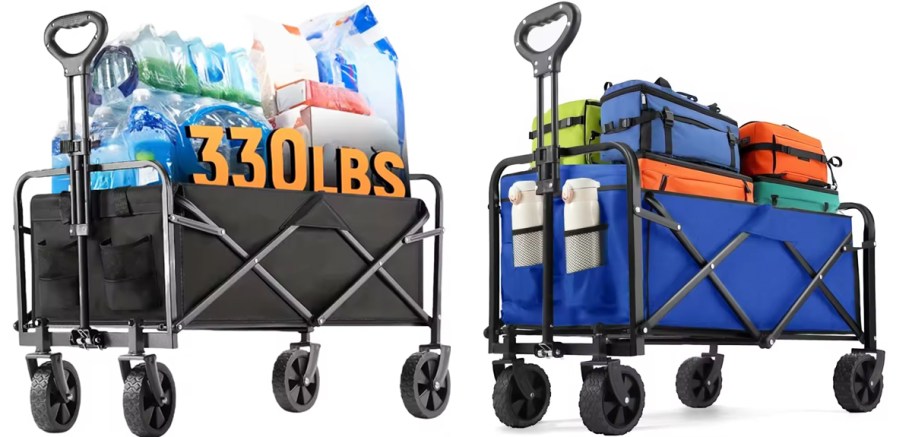 black and blue collapsible wagons filled with various items