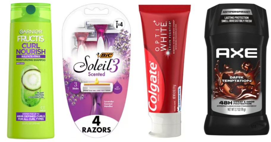 shampoo, disposable razor, toothpaste and deodorant