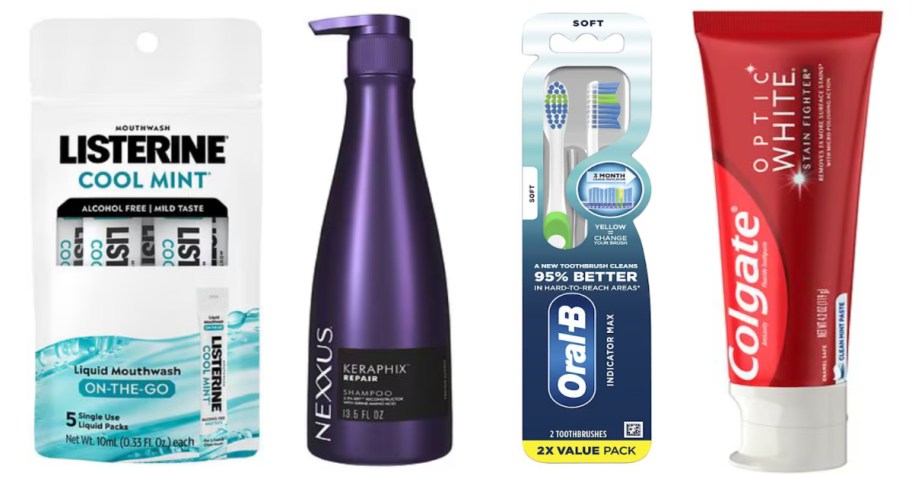 mouthwash, shampoo, toothbrushes and toothpaste