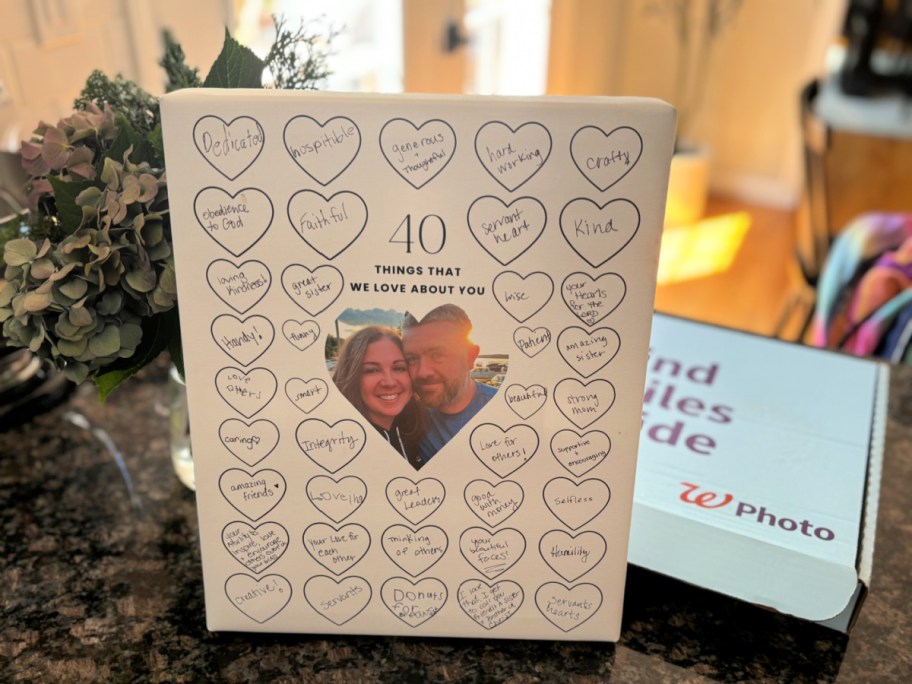 Walgreens photo canvas collage next to a box on a counter