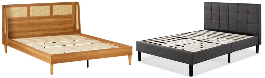 wood and grey upholstered bed frames