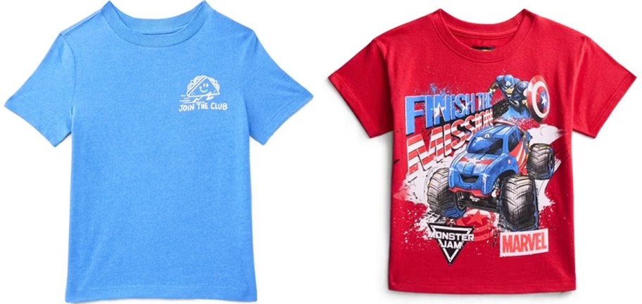 blue and red graphic tees