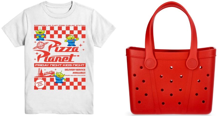 Stock images of a kids Toy's Story t-shirt and a time and tru tote bag