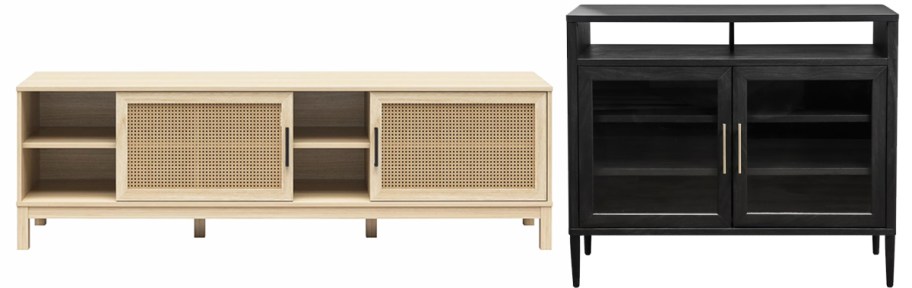 tan tv stand and black buffet cabinet