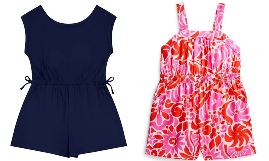 navy blue and pink girls rompers