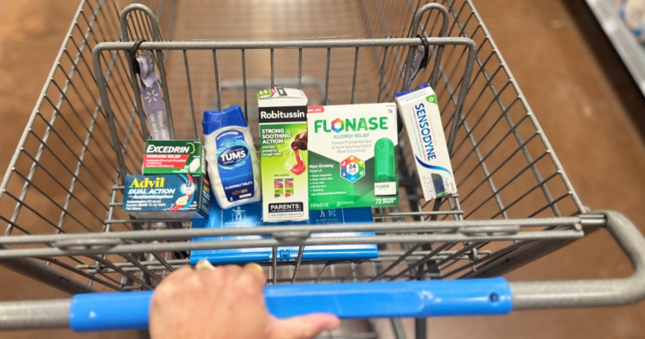 a variety of over the counter medicines in a shopping cart