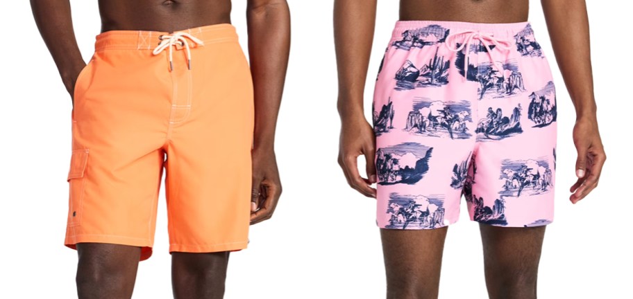 two men in orange and pink board shorts