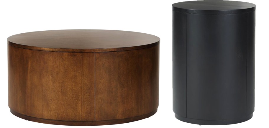 round brown coffee table and black side table