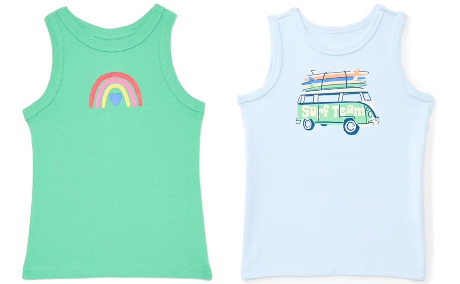 green and light blue graphic tank tops