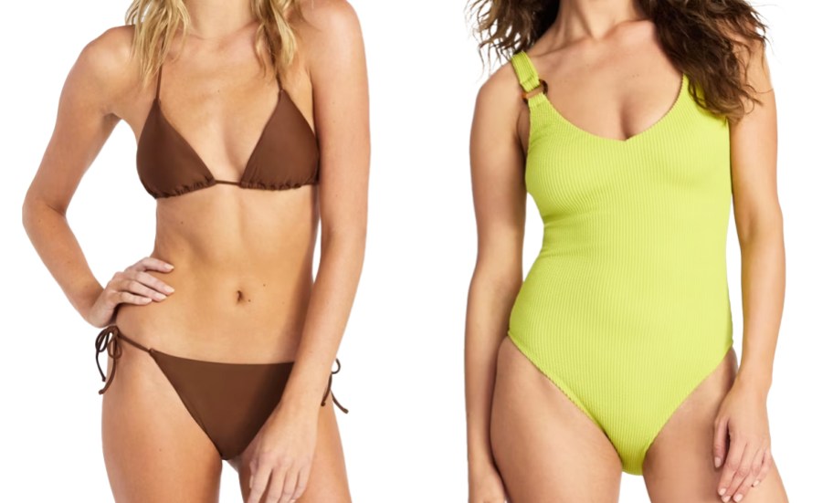 women wearing brown and yellow swimsuits