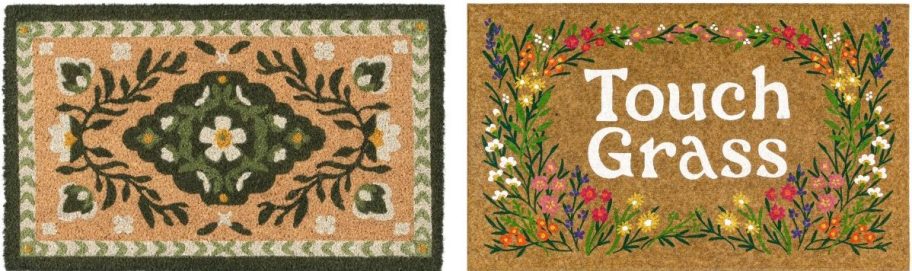 Persian pattern doormat and a touch grass doormat with flowers around it
