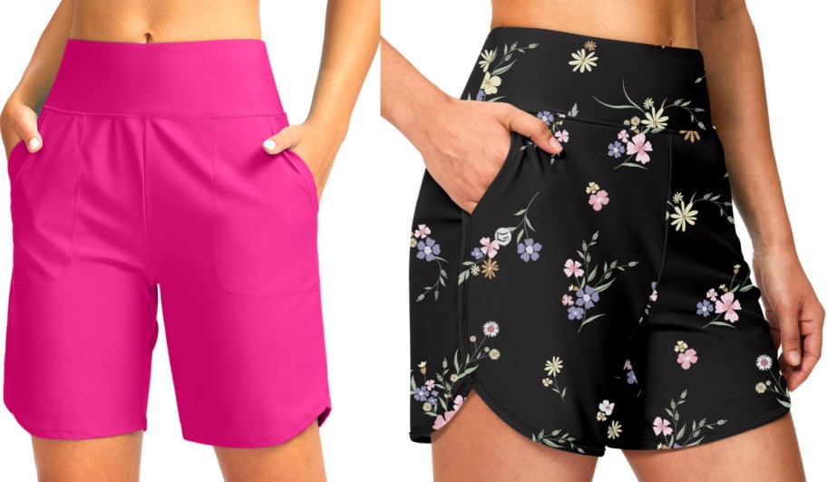 Two pairs of women's high-waisted board shorts with front pockets shown side-by-side; the left pair is solid bright pink, and the right pair is black with a delicate floral pattern.