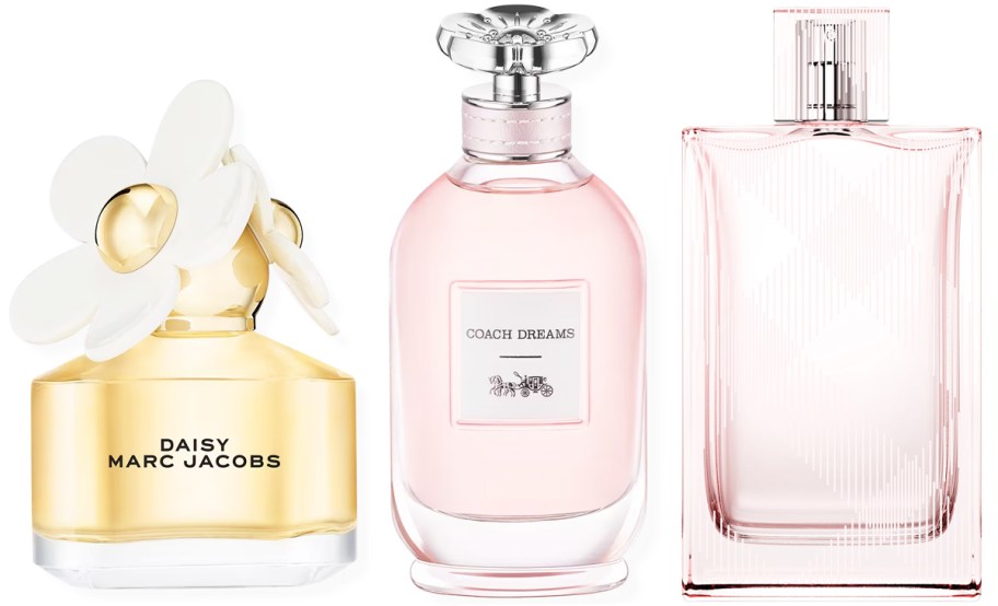 Marc Jacobs, Coach, and Burberry fragrance bottles