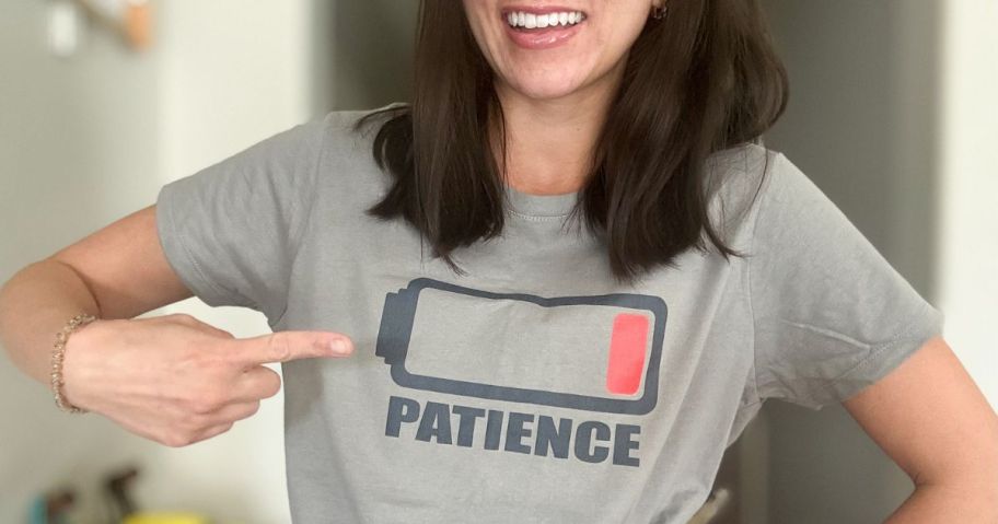 Woman wearing a low patience t-shirt from Woot