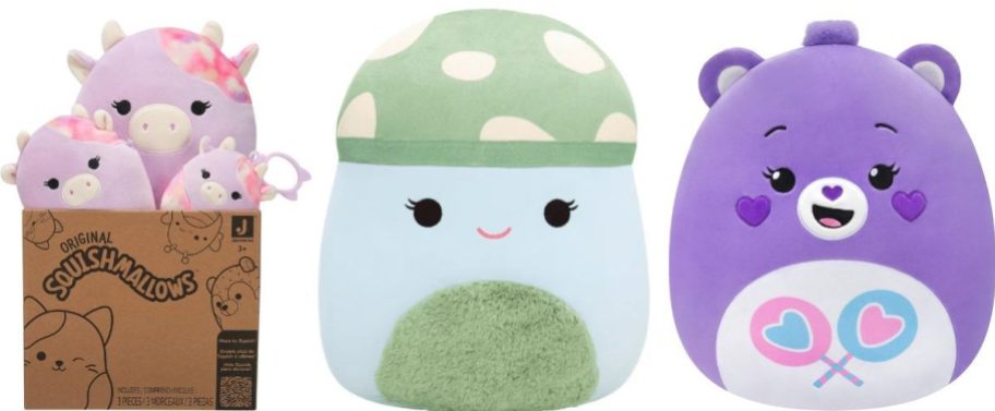 Stock images of Squishmallows Cow 3-Pack, Mushroom and Care Bears Share Bear