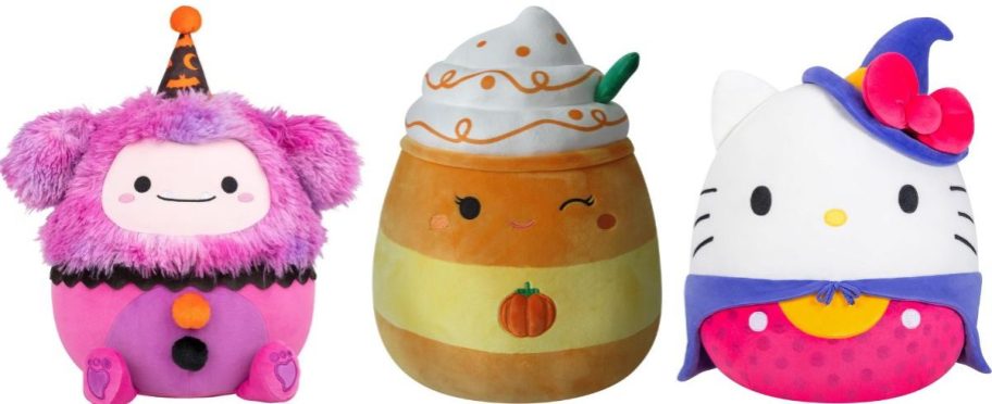 Stock images of Squishmallows Clown Bigfoot, Pumpkin Spice Latte and Halloween Hello Kitty