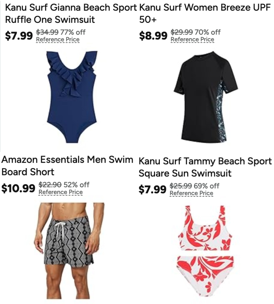 screenshot of product images for different brands of swimwear for men, women, and girls