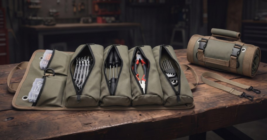 An olive green roll-up tool organizer bag laid flat and filled with various tools, with a second rolled-up bag sitting beside it on a wooden workbench.