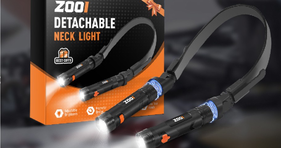 A product box for a detachable neck light by ZooI, featuring two neck lights with flexible arms and LED bulbs. The packaging highlights the features and includes the text "Detachable Neck Light."