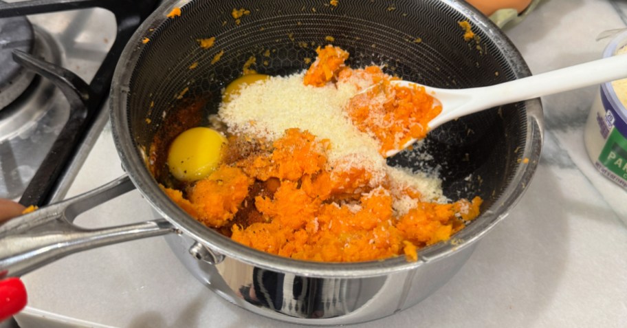adding parmesan and cheese to sweet potatoes