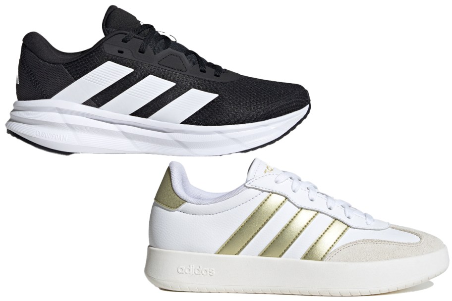 black and white pairs of adidas shoes