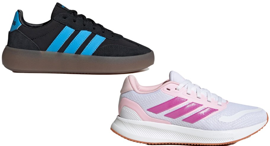black and white pairs of adidas shoes