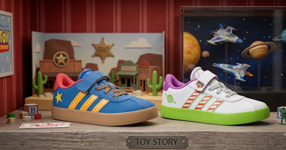 Toy Story themed sneakers displayed on a shelf with a background featuring Toy Story elements and toys.