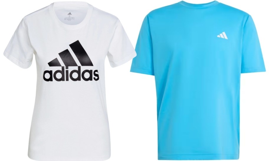womans white logo tee and mens aqua colored tee