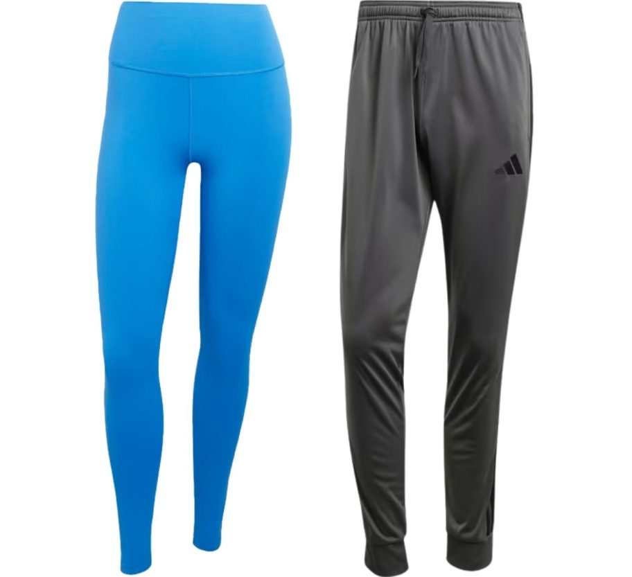 womens blue leggings and mens gray trackpants