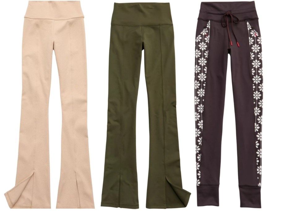 three pair of womens leggings in 3 different styles and colors