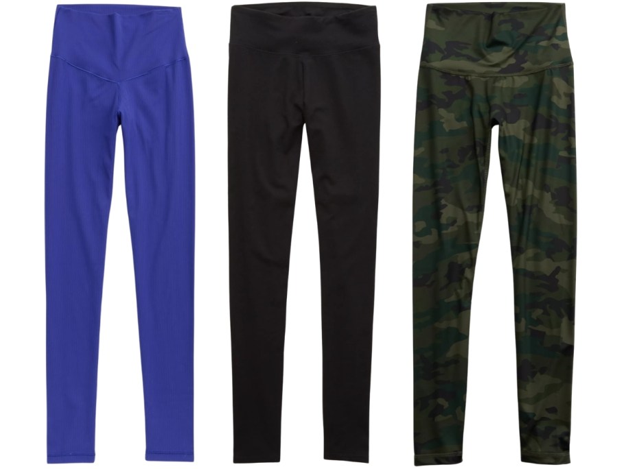 three pair of womens leggings in 3 different styles and colors