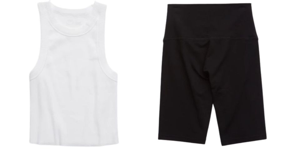 aerie white tank and black shorts