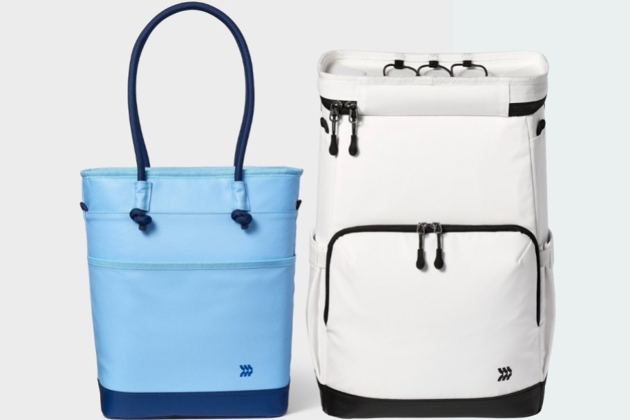 blue and white soft sided cooler totes