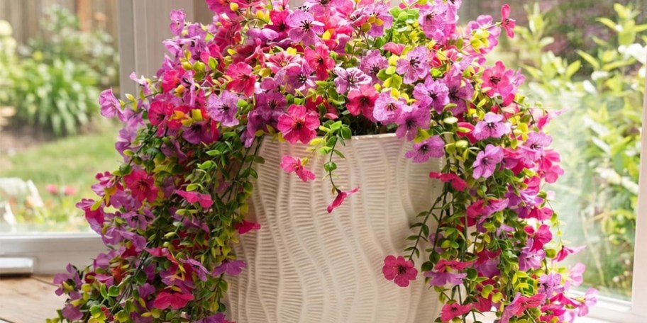 pink and purple flowers in white pot