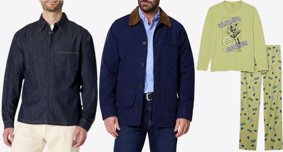 mens shirt, barn jacket and pajamas
