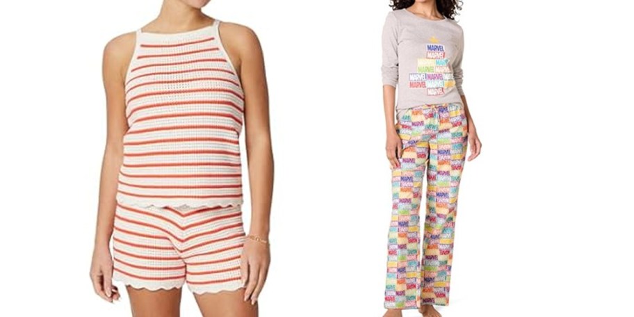 women wearing striped set and marvel pajamas 