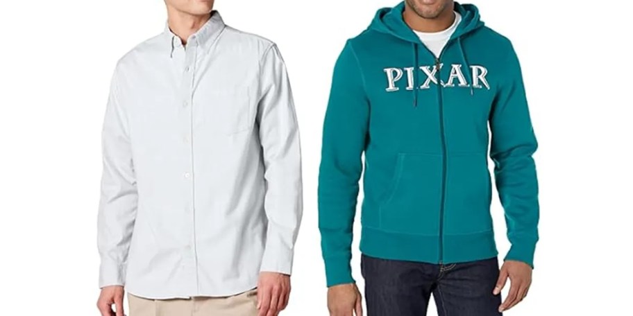 men wearing long sleeve white tee and pixar hoodie 