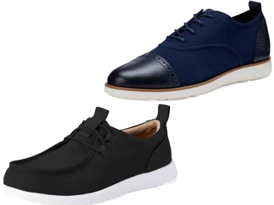 A pair of men's shoes: one shoe is a navy blue formal sneaker with a leather toe cap, and the other is a black casual slip-on shoe with a white sole.