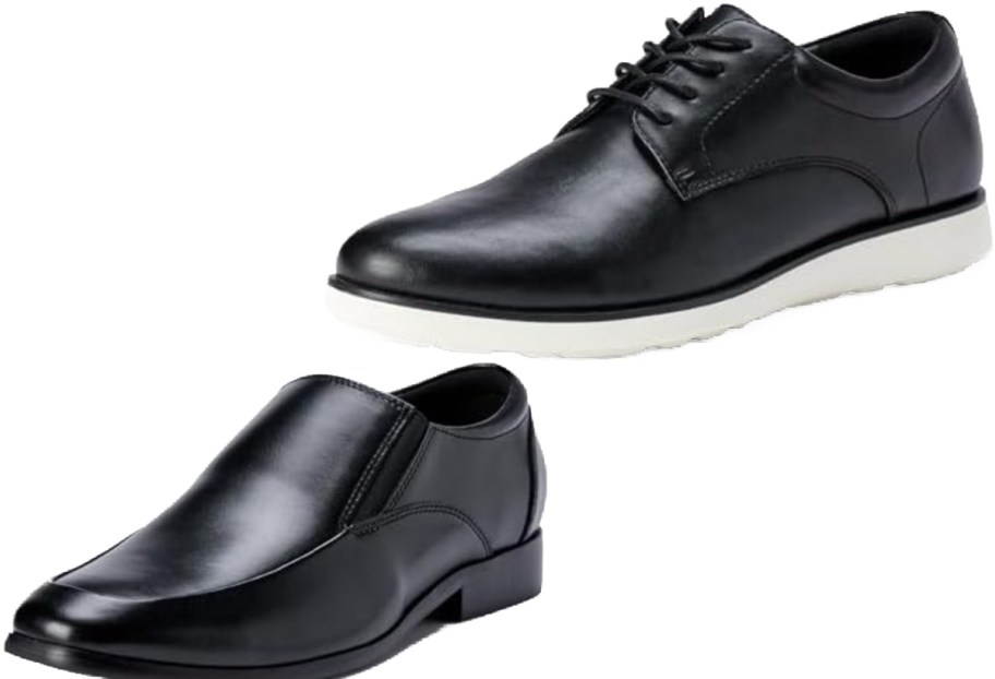 A pair of black shoes, one with laces and the other a slip-on style, both featuring a shiny finish.