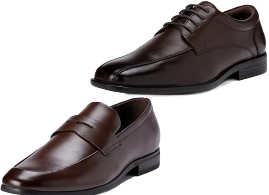 A pair of brown dress shoes, one with laces and the other a slip-on style.