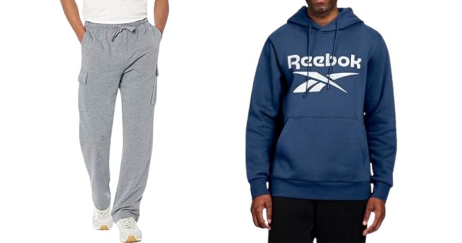 two men wearing sweatpants and reebok sweatshirt