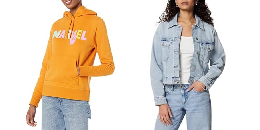 women wearing orange hoodie and jean jacket 