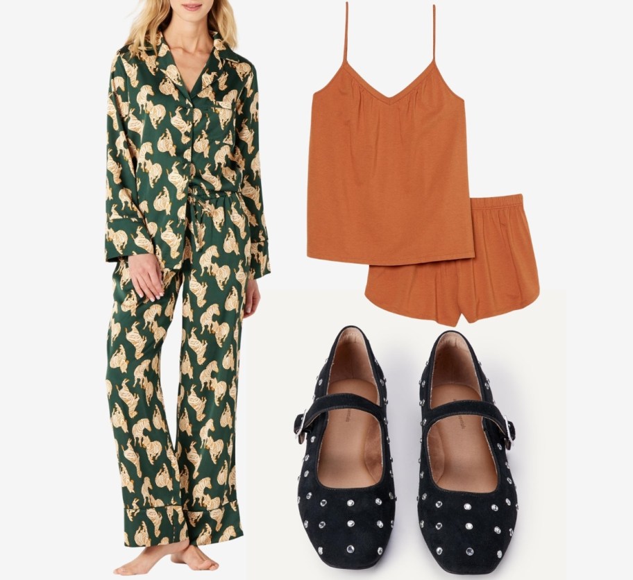 womens pajamas, lounge set and mary jane flats