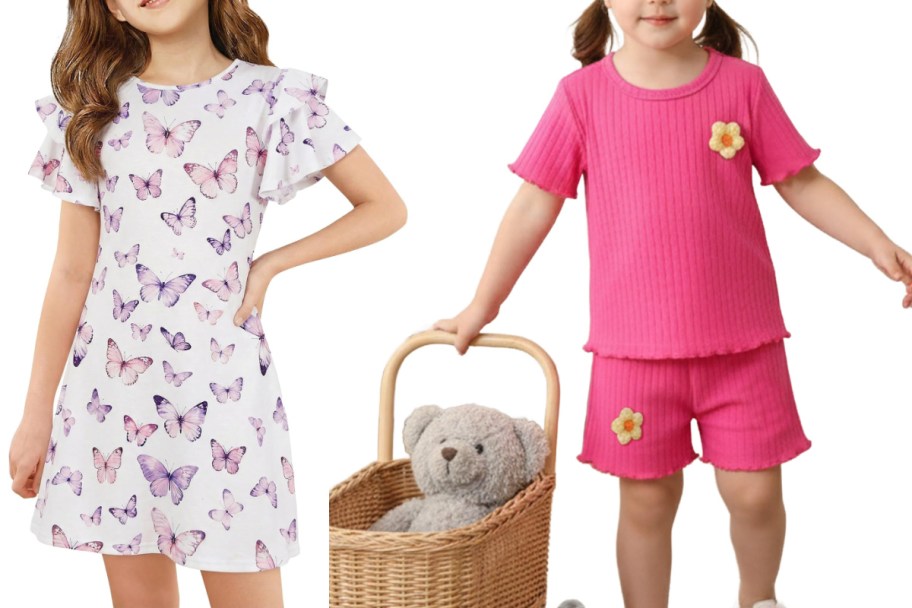 girls in butterfly dress and pink outfit