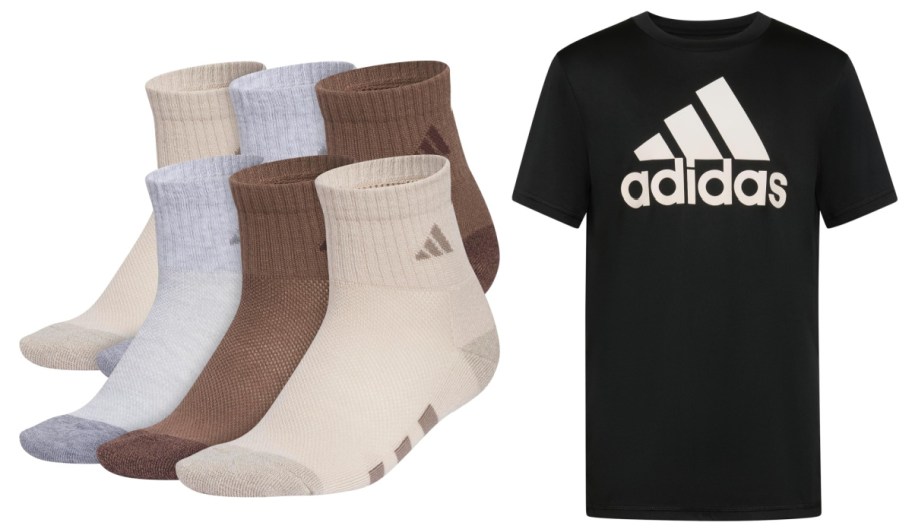 tan and beige socks next to black shirt