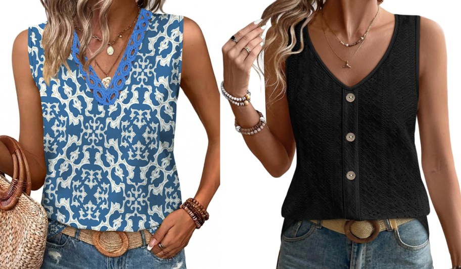 blue boho tank and black tank top