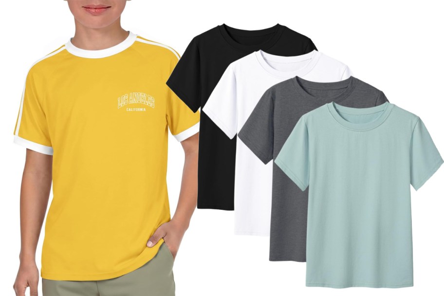 boy in yellow shirt and four t shirts