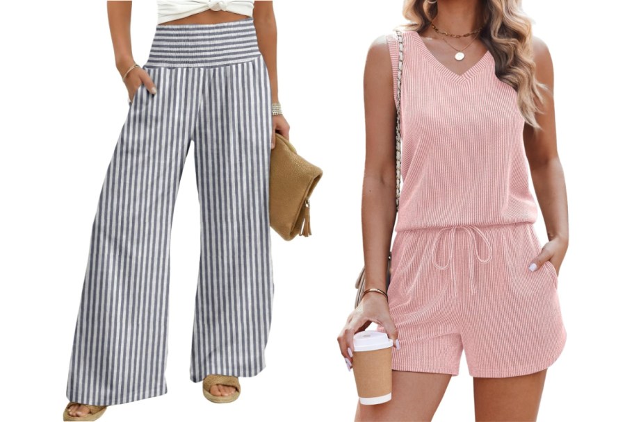 striped pants and pink 2 piece outfit