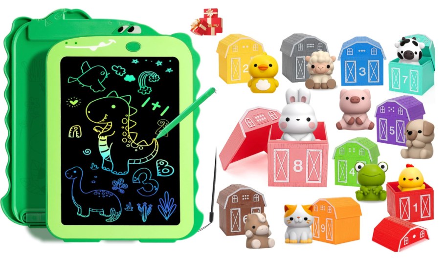 green kids tablet and farm toys